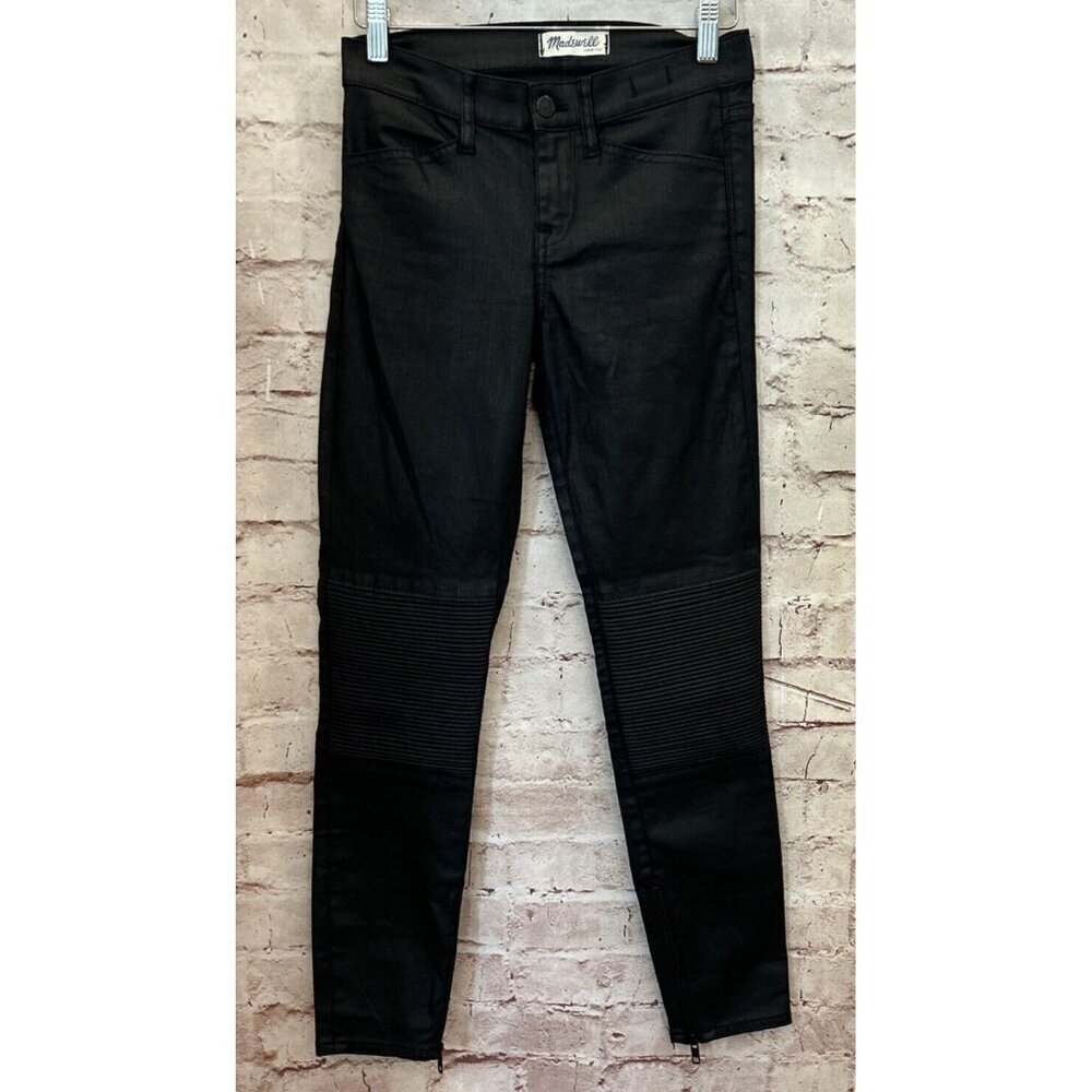 Madewell Womens Black Waxed Coated Moto Skinny Skinny Jeans Ankle Zip Size 25